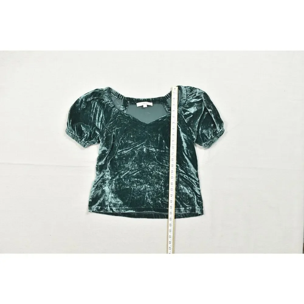 LOFT Women's XS Green Crushed Velvet Puff Sleeve Square Neck Blouse Top